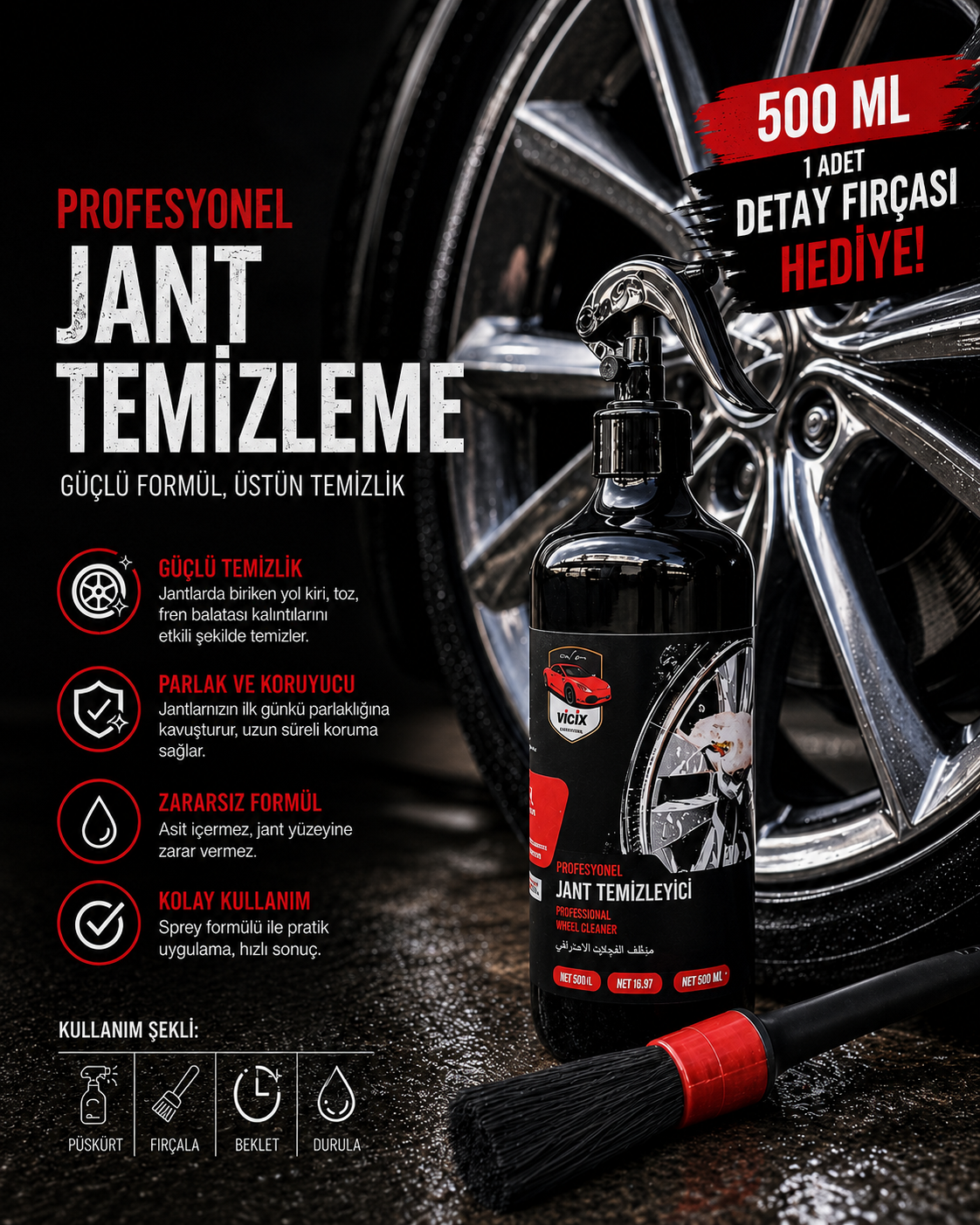 Profesyonel Jant Temizleme 500ml 1 Adet Detay Fırçası 1 Adet